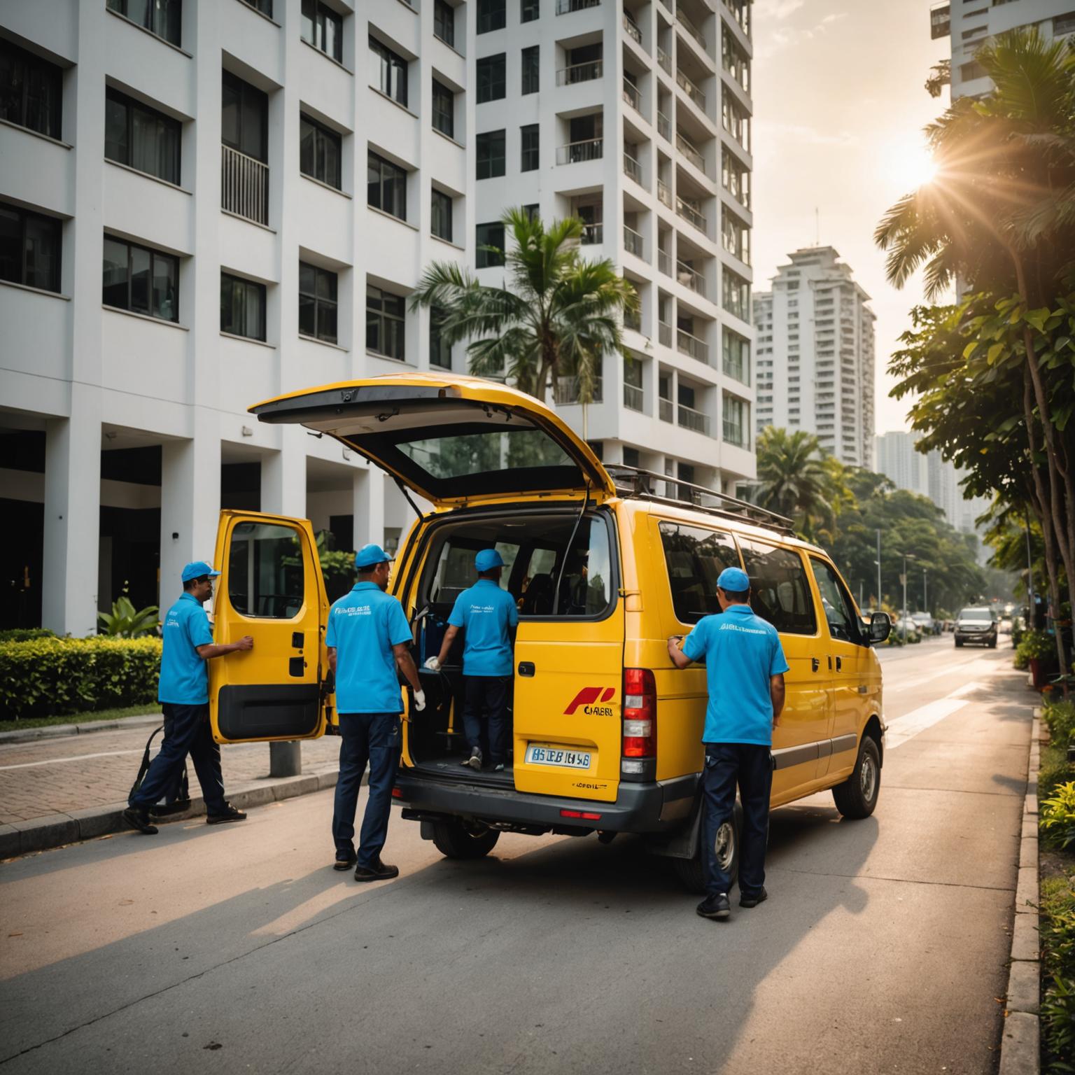 Cleaning crew arriving at a condominium with equipment
