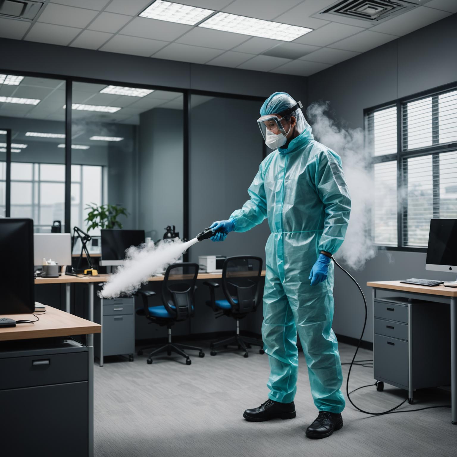Specialist applying disinfecting fog spray in an office