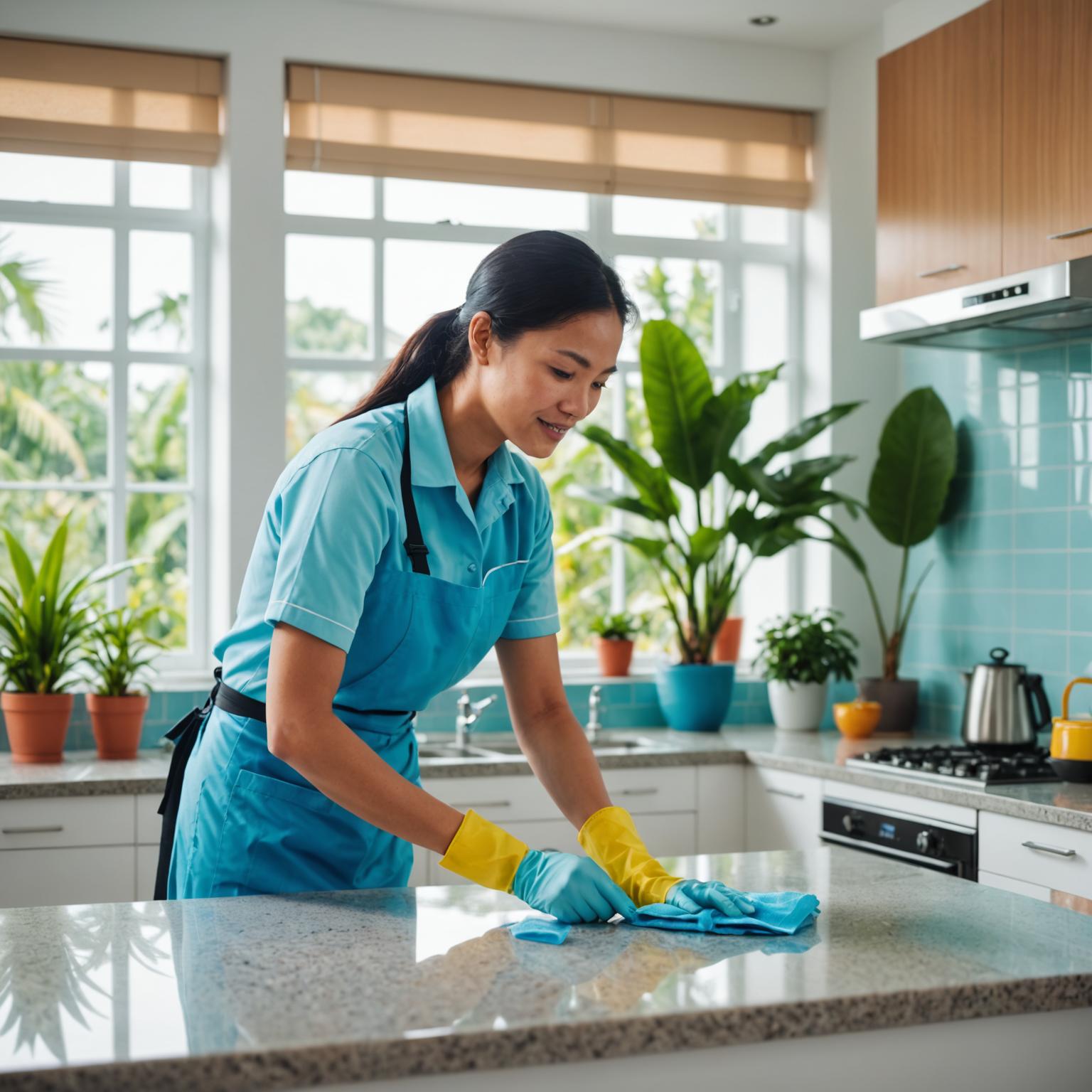 Cleaner wiping a kitchen counter in a bright Malaysian home