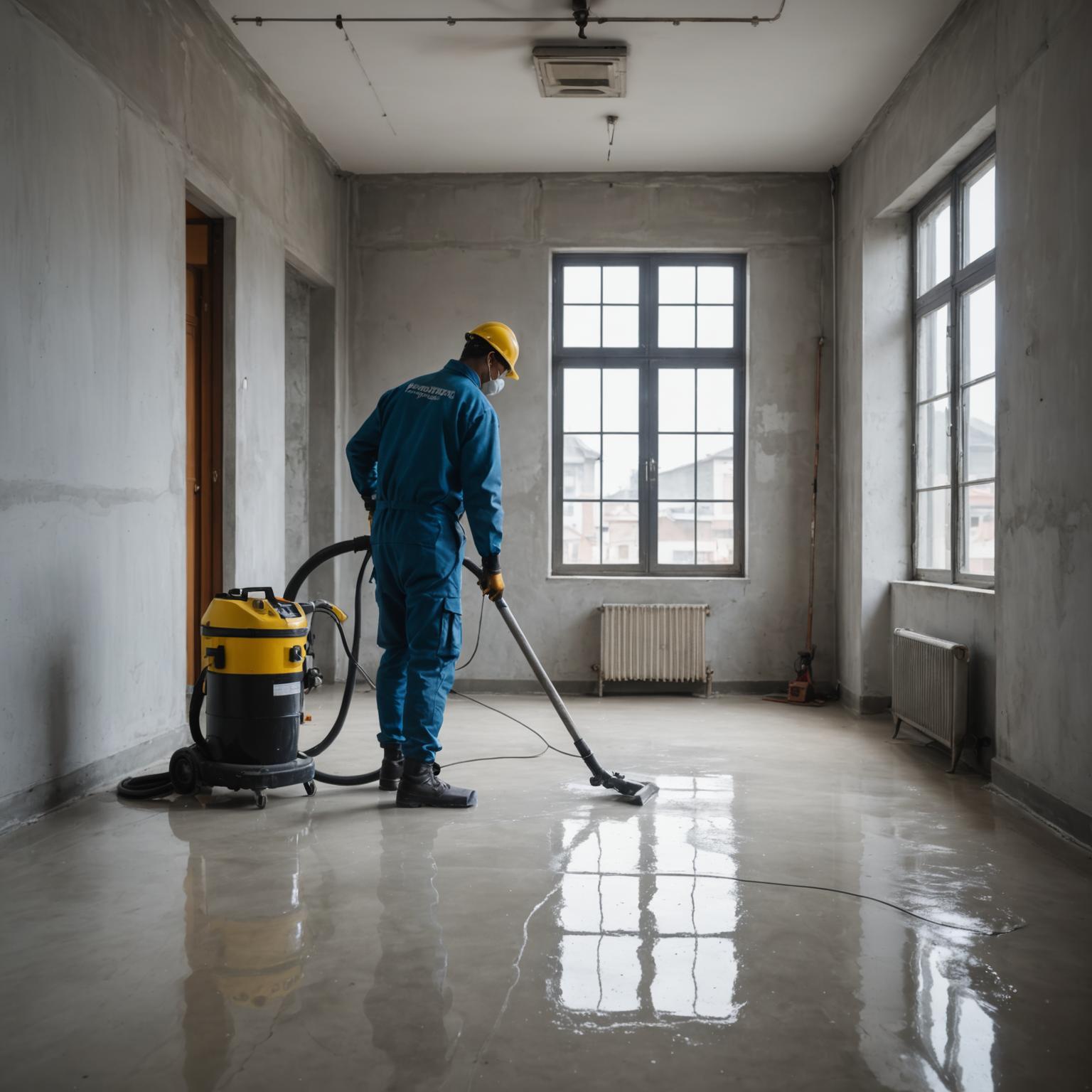 Cleaner removing renovation dust from concrete floor
