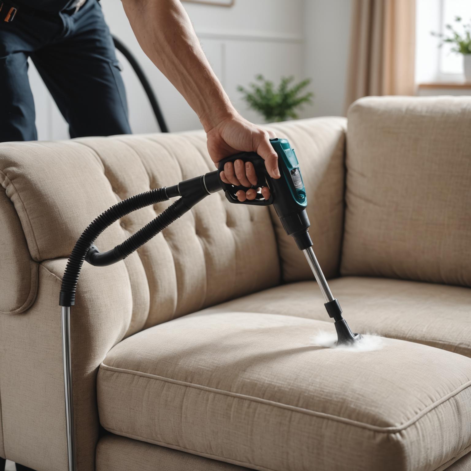 Upholstery cleaner extracting steam from sofa cushion