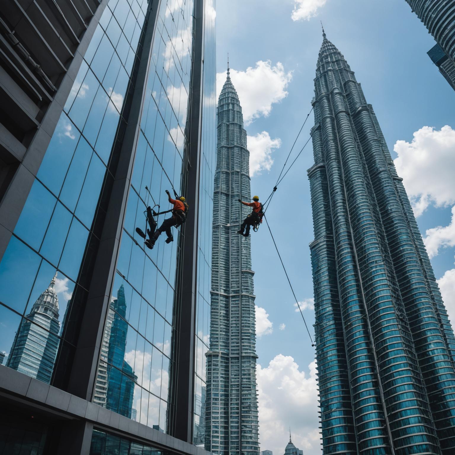 Window cleaner washing glass on a Kuala Lumpur skyscraper